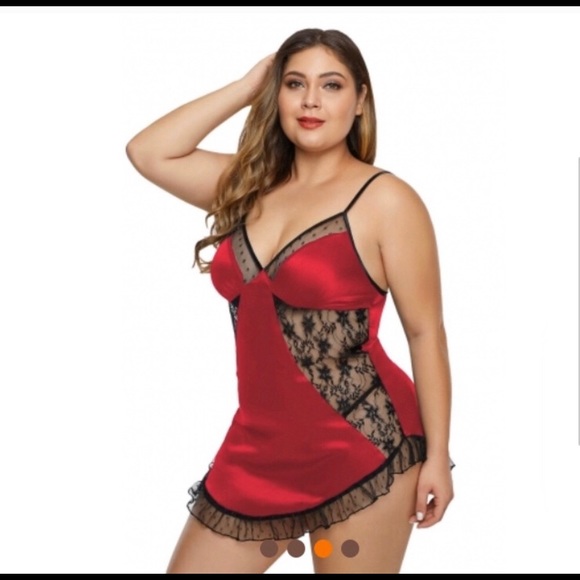 Other - Red Mesh Satin Ruffled Hem Plus Size Lingerie